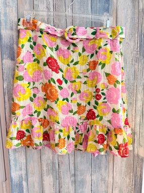 MNG : Crepe Like Floral Mini Skirt with Ruffle Hem- Pink, Yellow & Orange & Red
